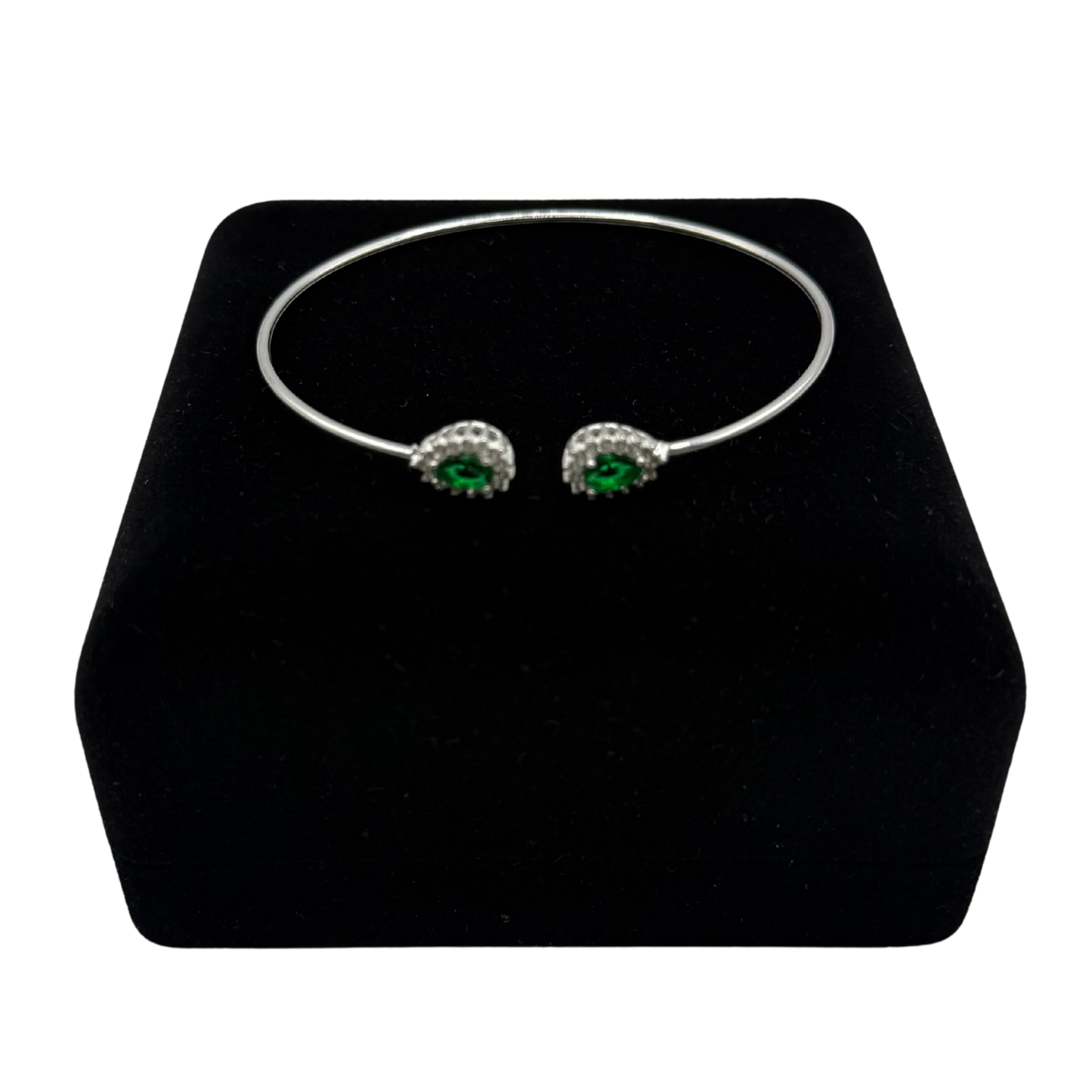 GREEN OVAL STONE WITH CZ DIAMONDS ON SILVER BANGLE Oppulence