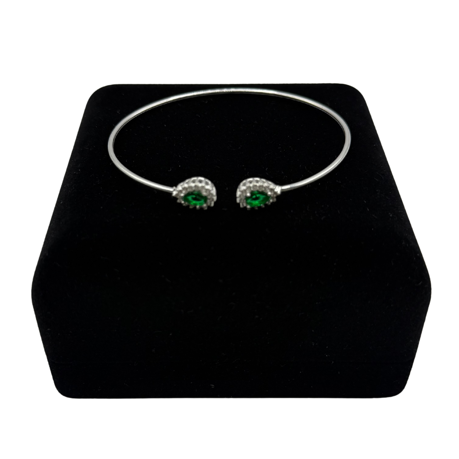 GREEN OVAL STONE WITH CZ DIAMONDS ON SILVER BANGLE Oppulence